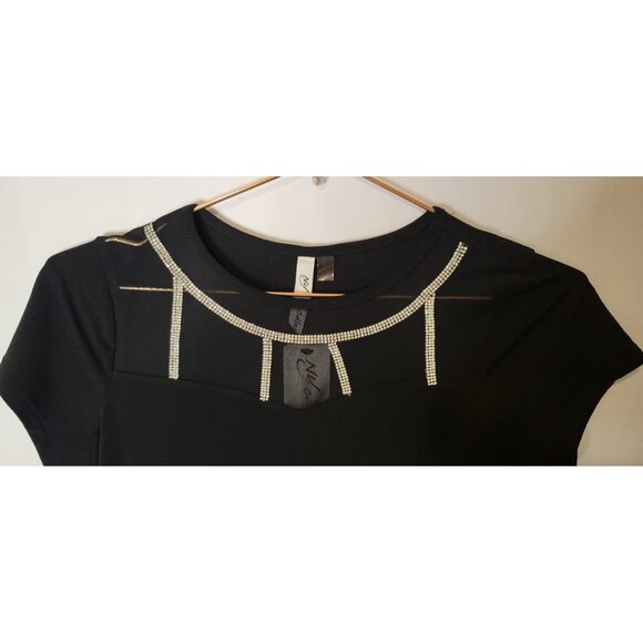 NY Collection Black Rhinestone Embellished Sheer Panel Top - Picture 3 of 6